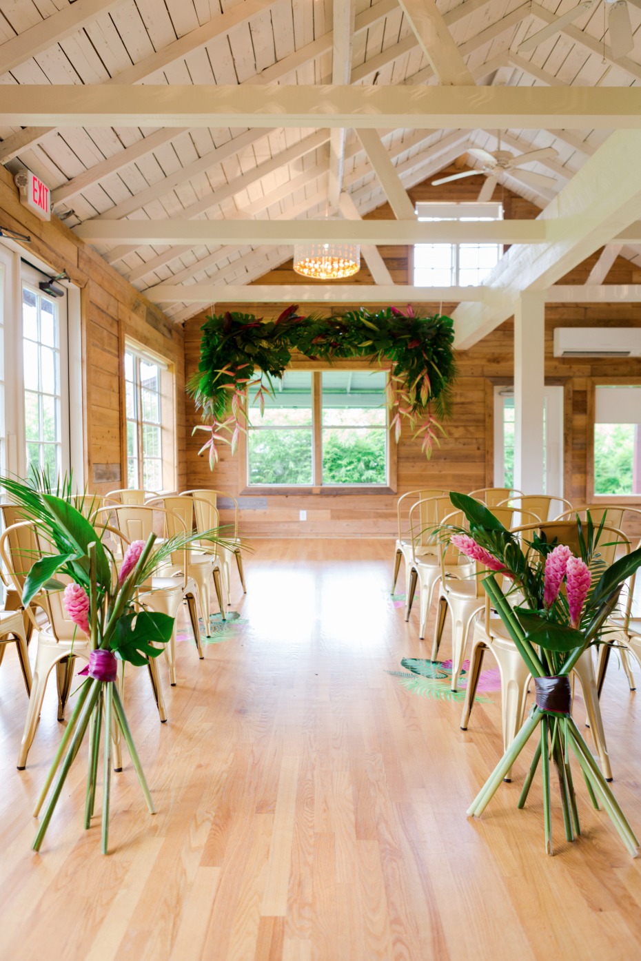 modern tropical wedding ceremony decor