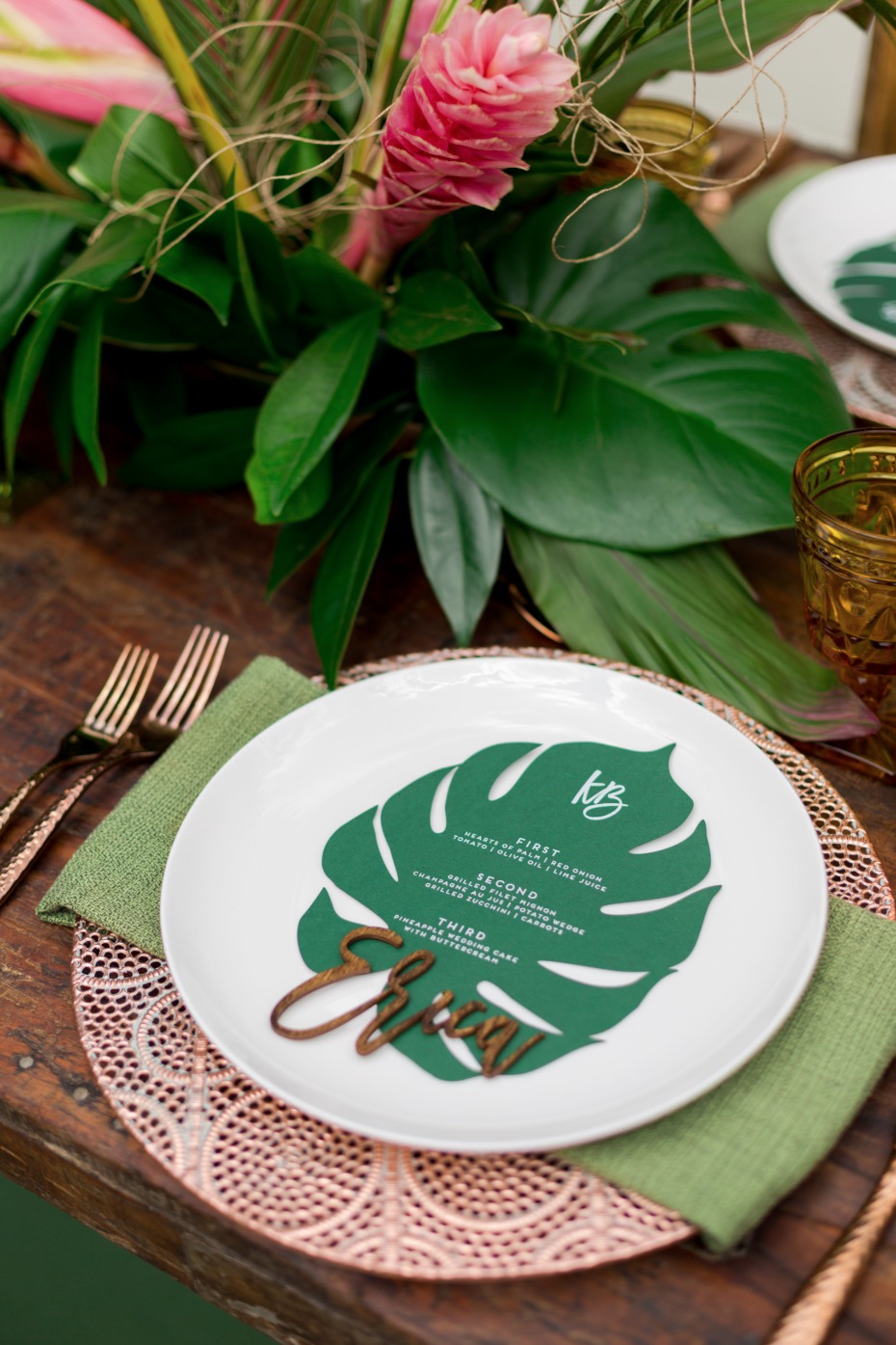 copper charger and laser cut leaf wedding menu