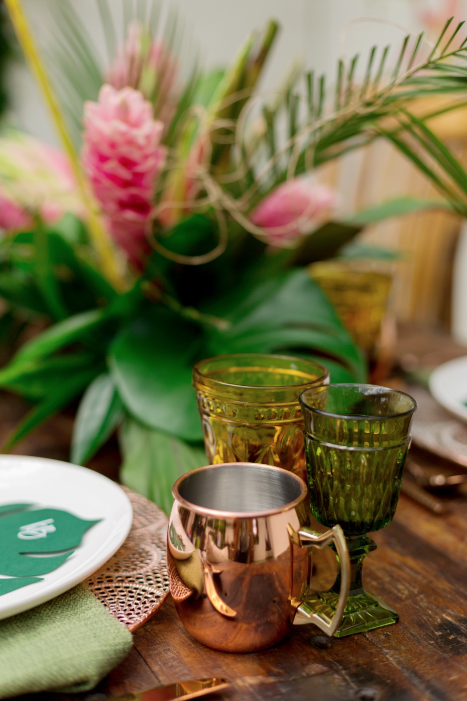 copper and tropical wedding table