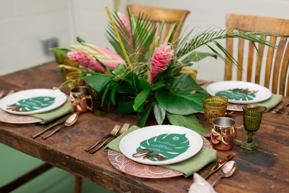 copper and green tropical wedding table