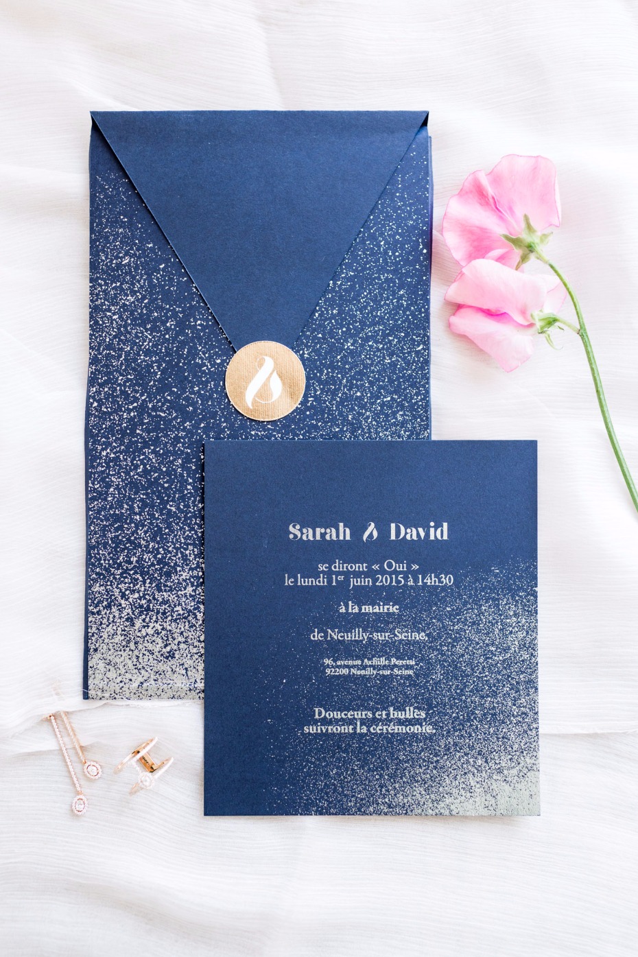 modern wedding invitation suite in blue and gold