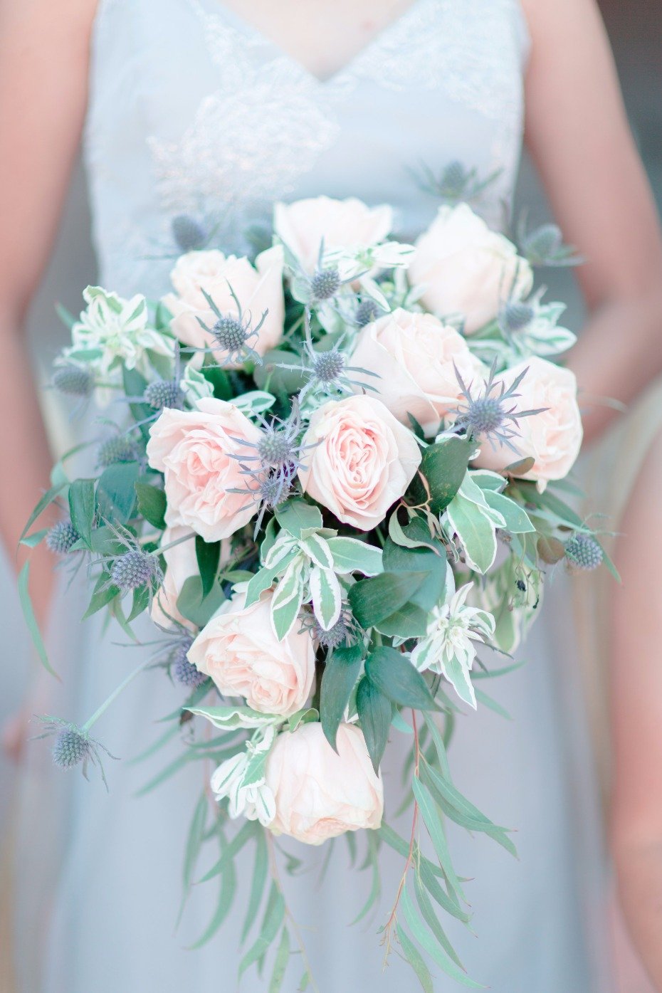 soft pink and blue wedding bouquet