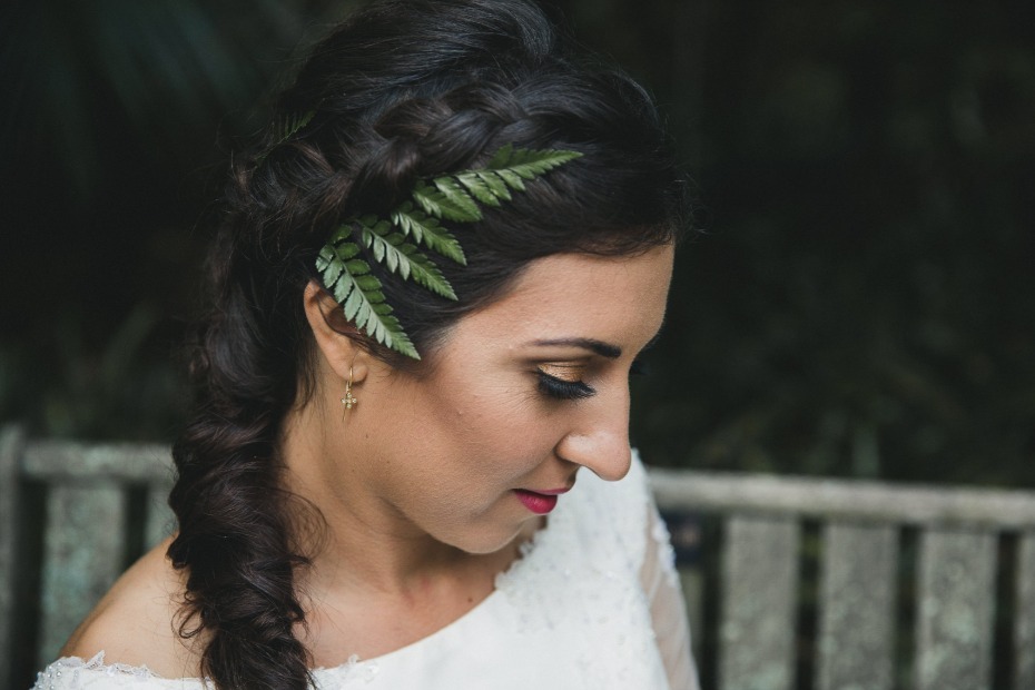 fern accented wedding hair idea