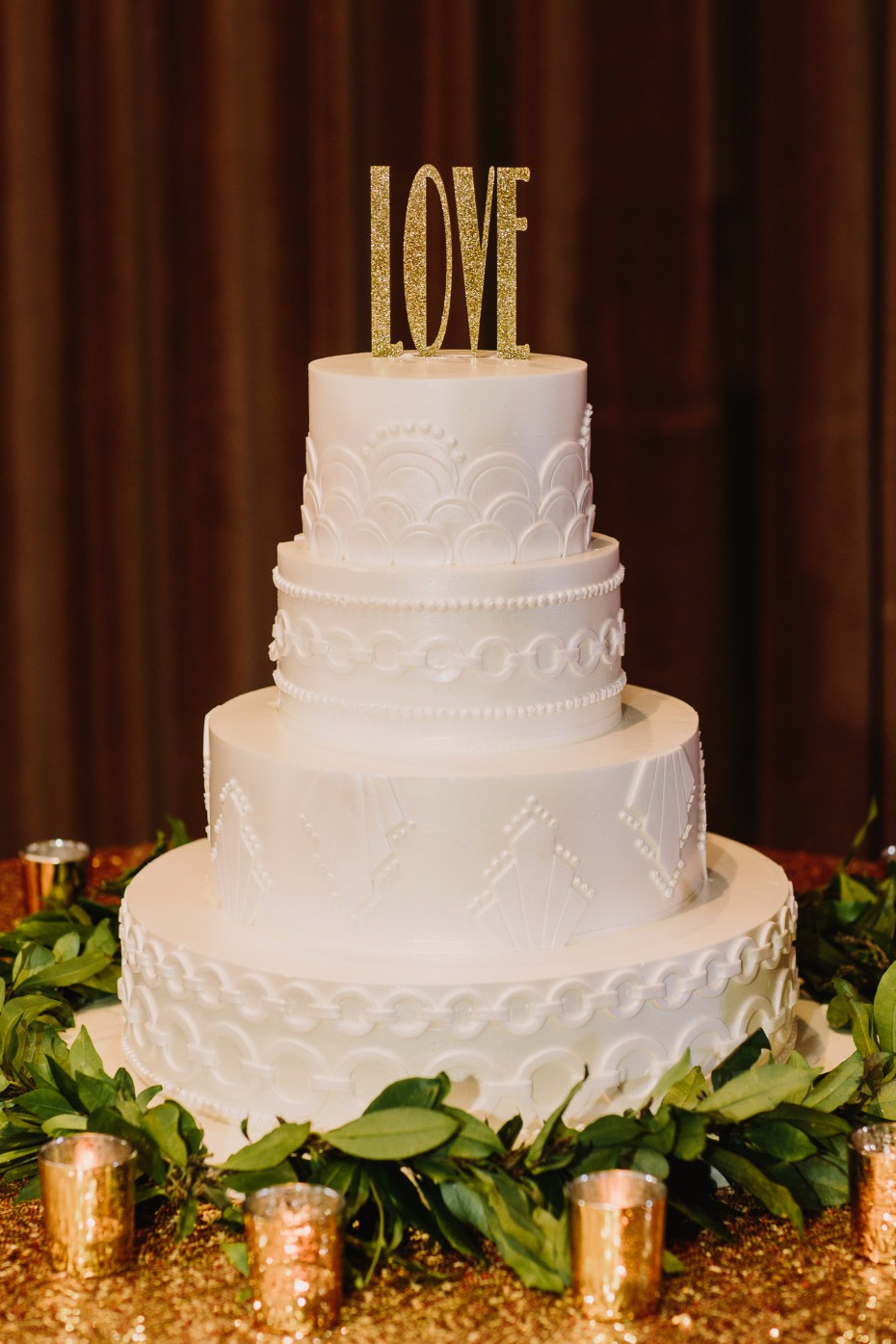Beautiful white art deco wedding cake