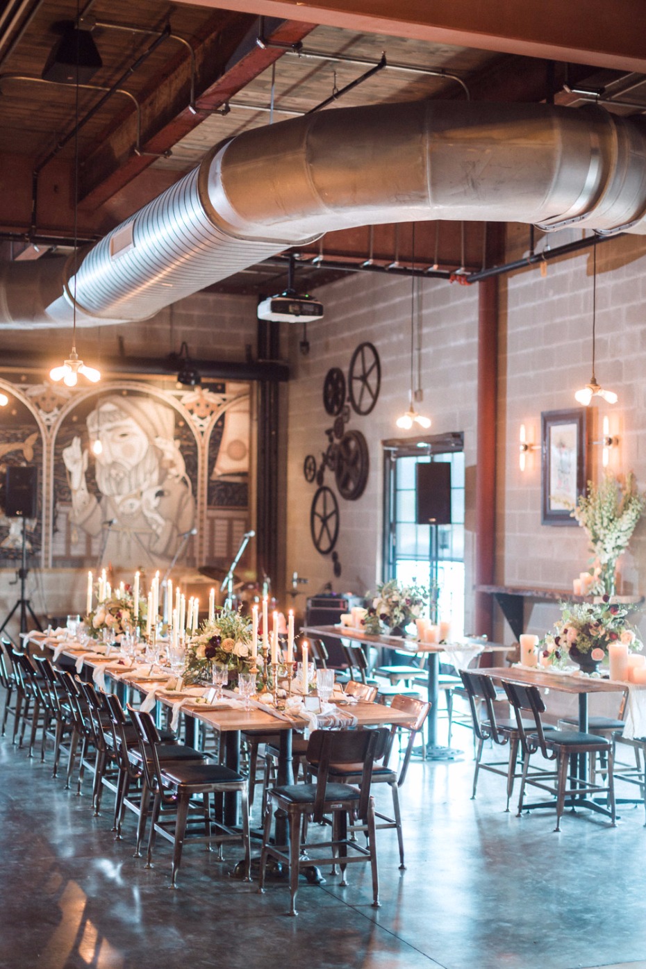 Elegant wedding reception setup in a unique industrial space