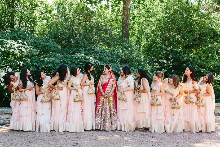 Bridesmaids in blush and gold