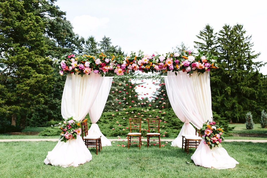Traditional Mandap with hanging flower backdrop