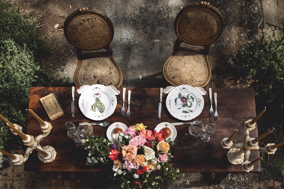 Romantic outdoor wedding table setting with vintage charm