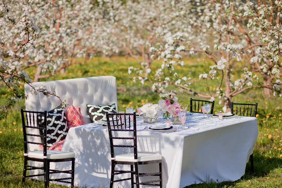 cute pink and white wedding table set up