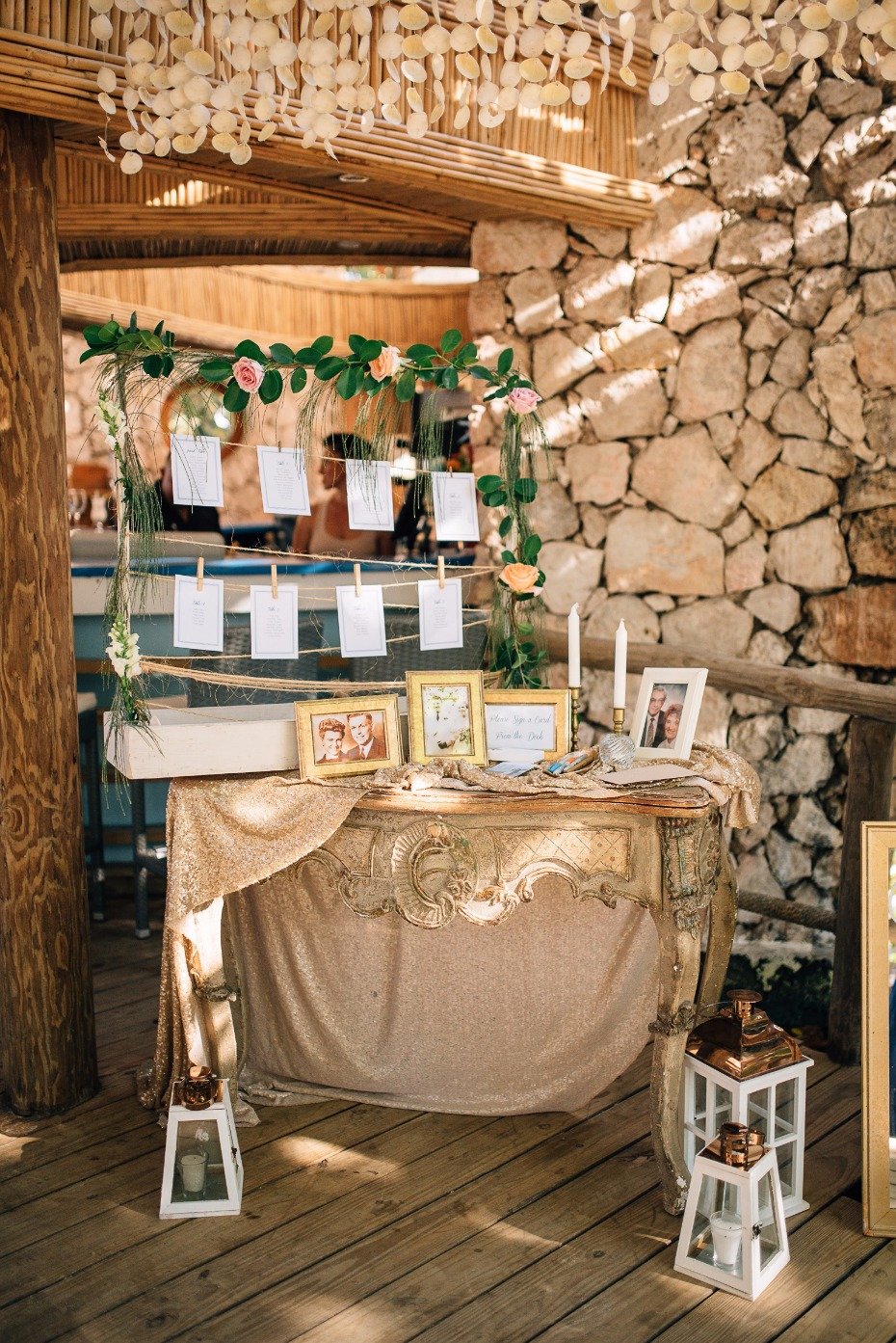 chic and vintage beach wedding welcome table
