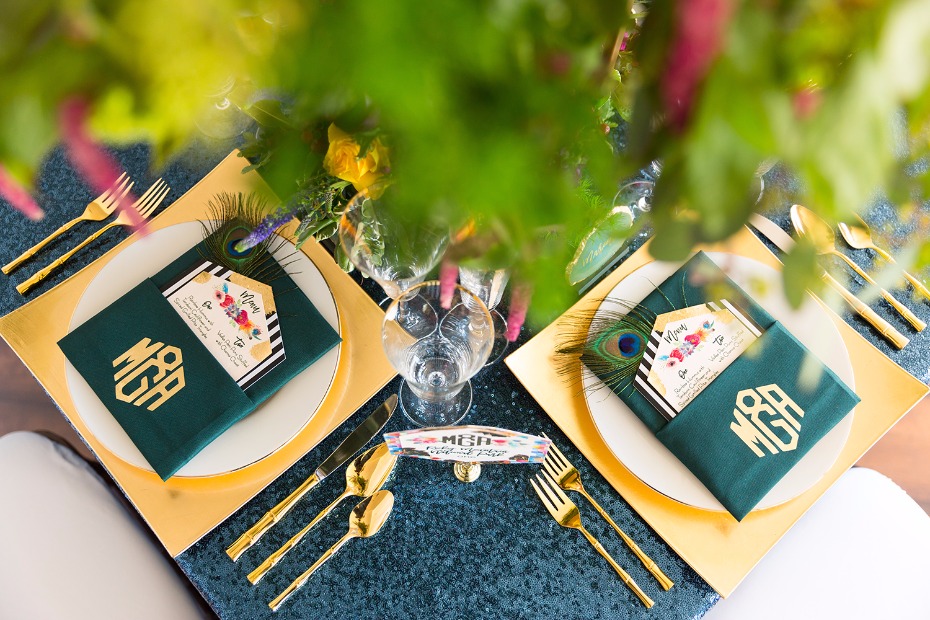 Green blue and gold table decor