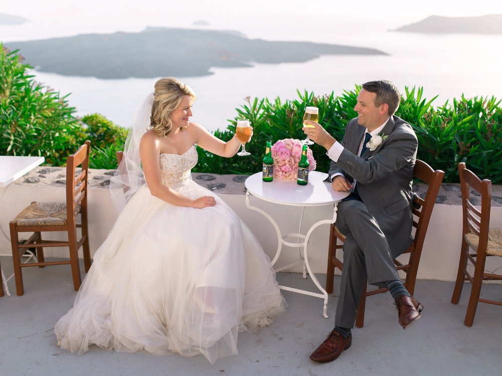Cheers to the newlyweds in Santorini