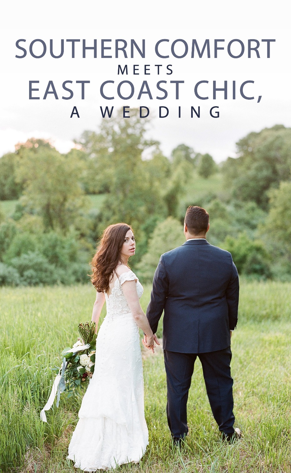 Bride and groom hold hands in field at their wedding