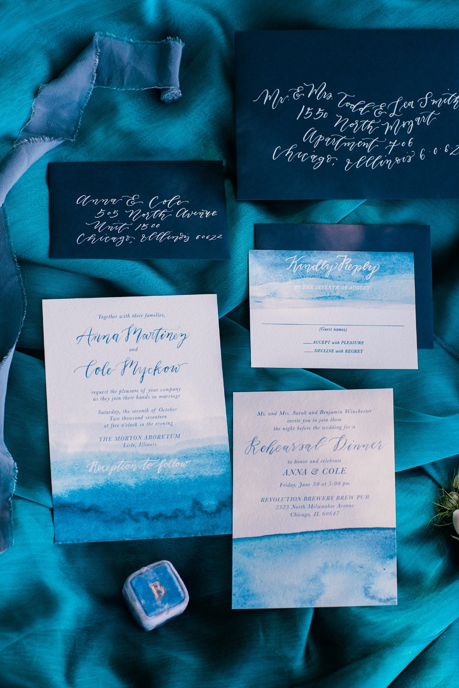 Blue watercolor invitation suite