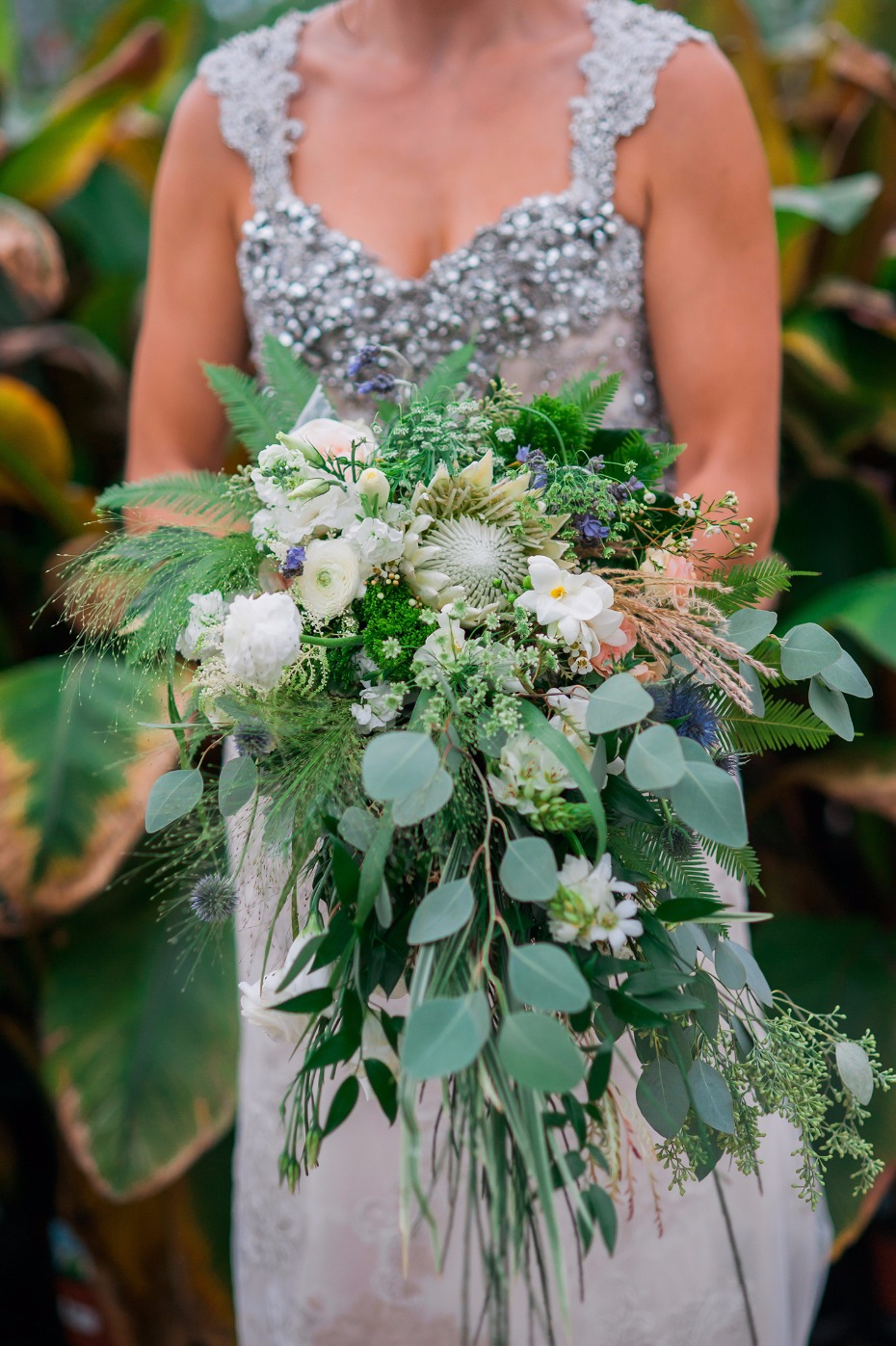 Green and white cascading bouquet