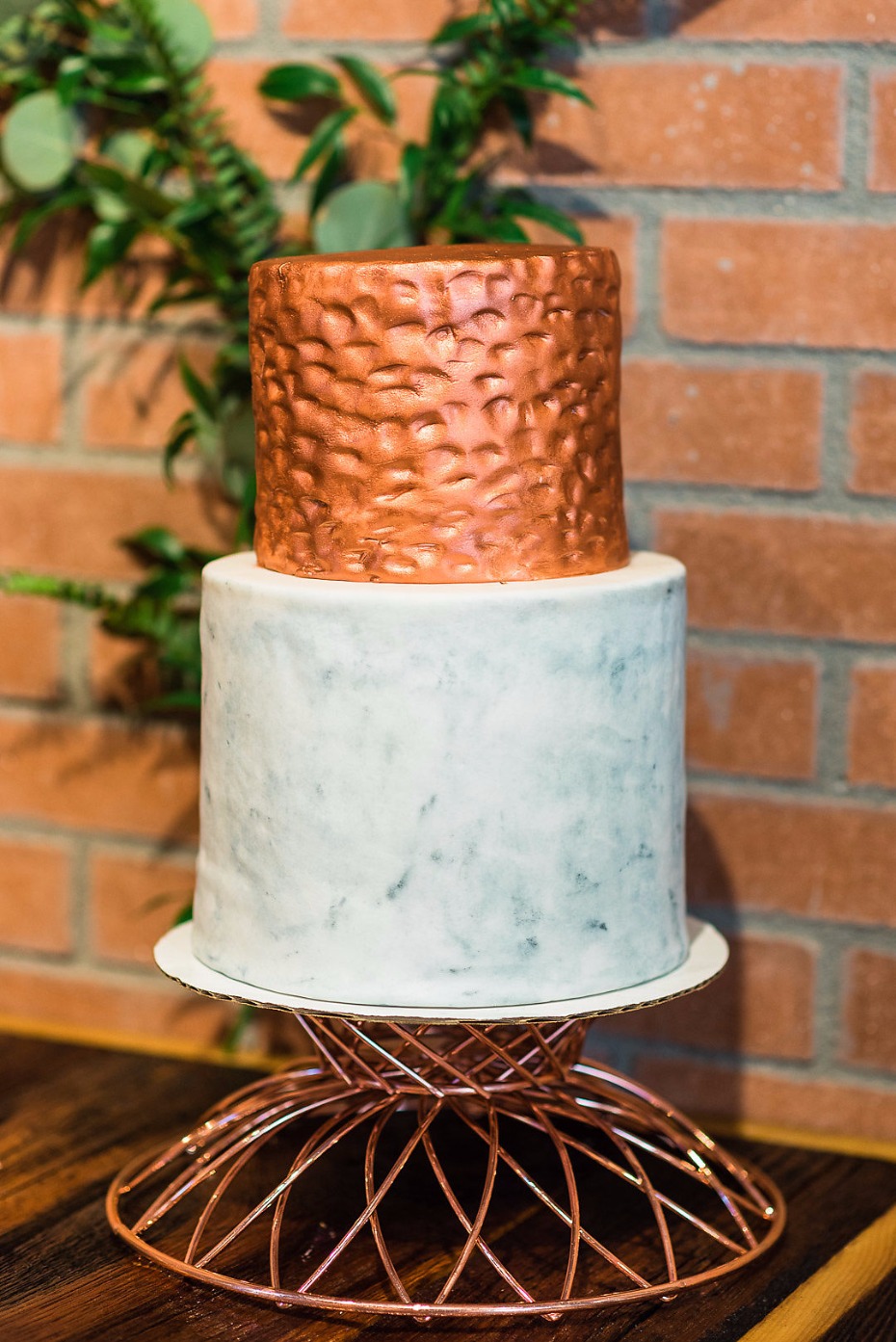 Hammered copper and marble wedding cake