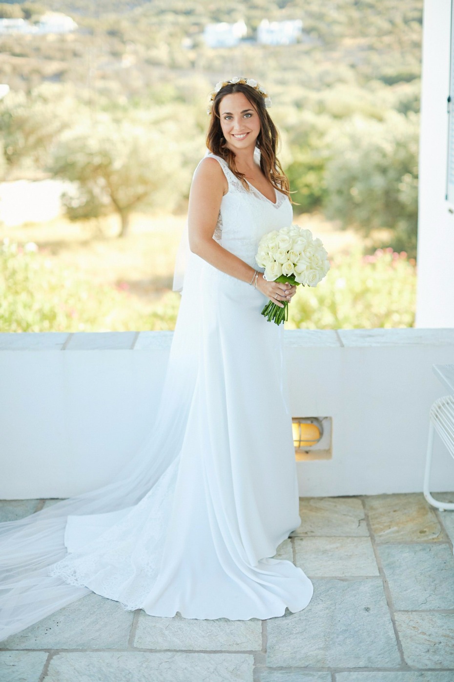 bride all dressed up for her Greek wedding day
