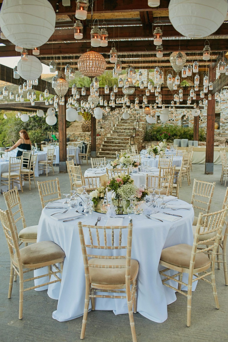 hundreds of glowing lanterns light this reception in Greece
