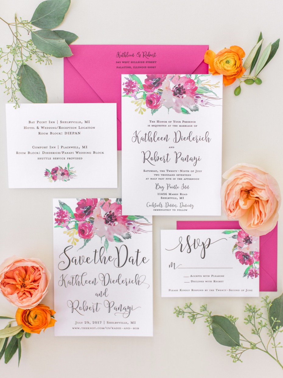 bright floral printed wedding stationery