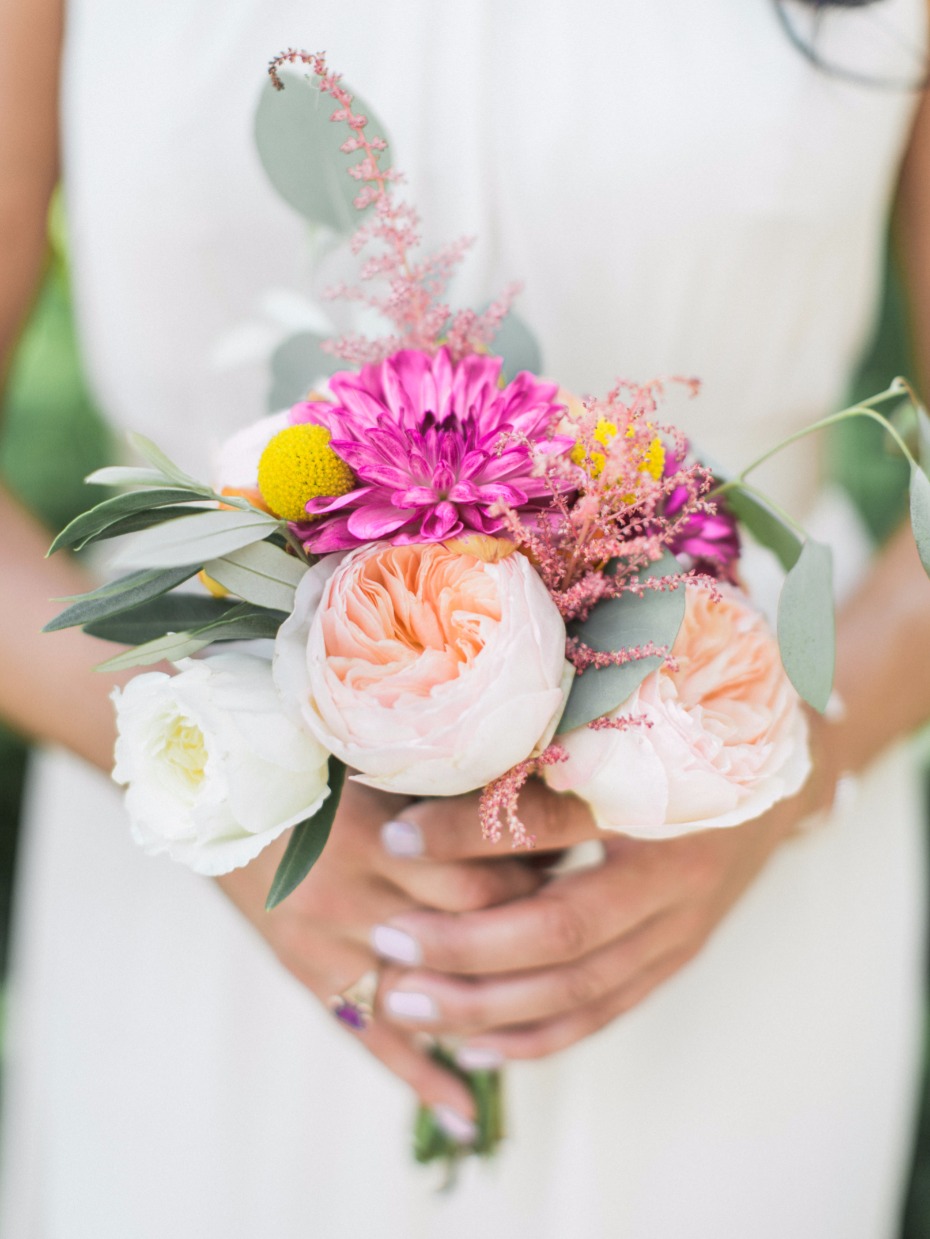 peach and bright pink wedding bouquet