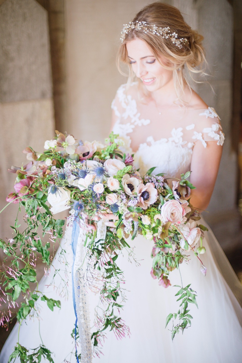 cascading bridal bouquet in pink white and blue
