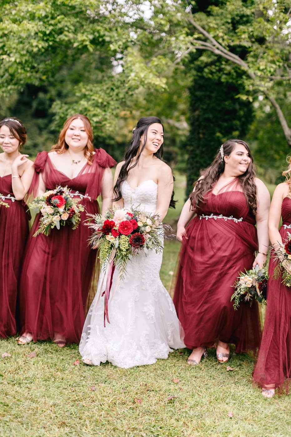 bridesmaids in Jenny Yoo, Annabelle dresses in cabernet