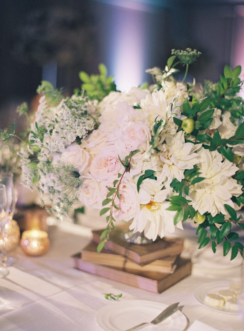 classic white and greenery wedding centerpiece