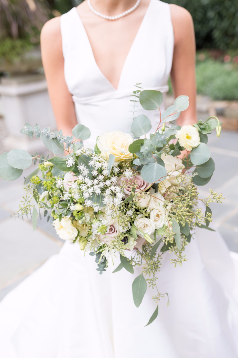 neutrals wedding bouquet with varying whites and greenery