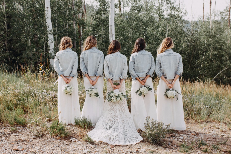 light wash jean jacket bridal party with white dresses