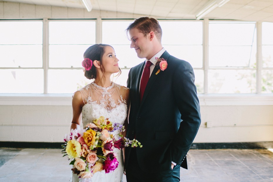 Bride and groom share loving gaze on their wedding day