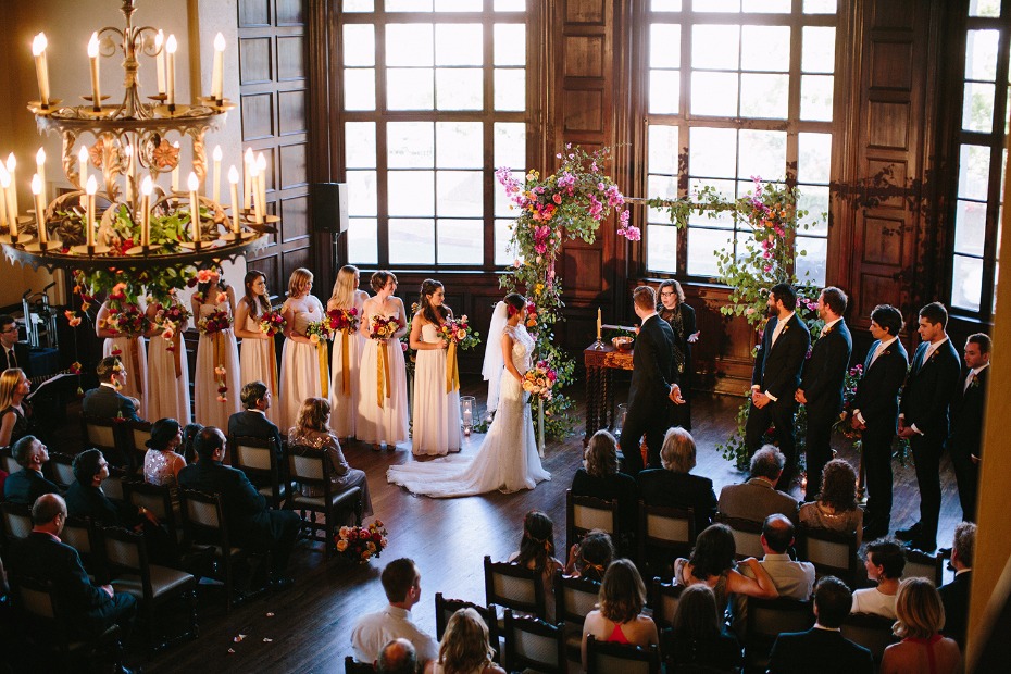 Indoor wedding ceremony bride groom wedding party venue