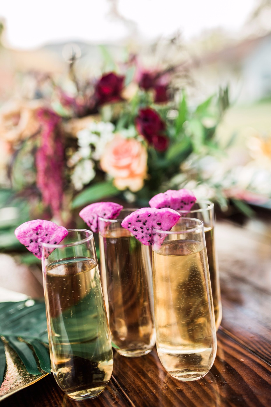 champagne and dragon fruit wedding cocktail