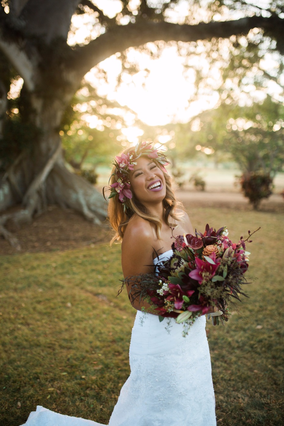 happy bride at sunset on Hawaii