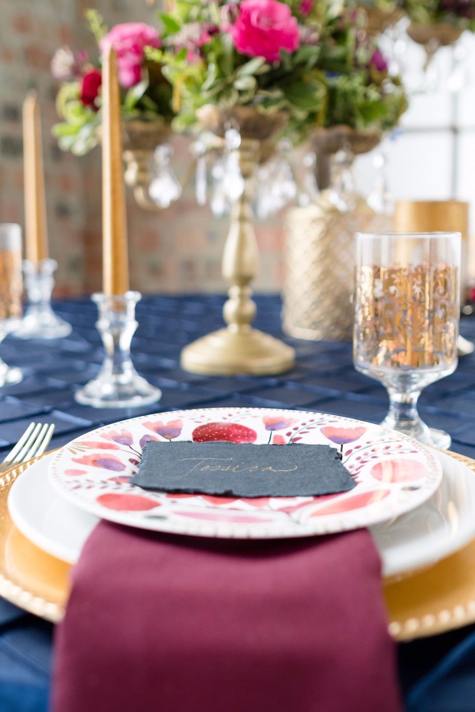 gold and jewel tone wedding table decor
