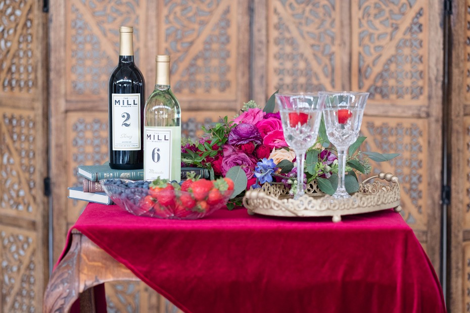 romantic velvet covered wine bar for your late fall wedding