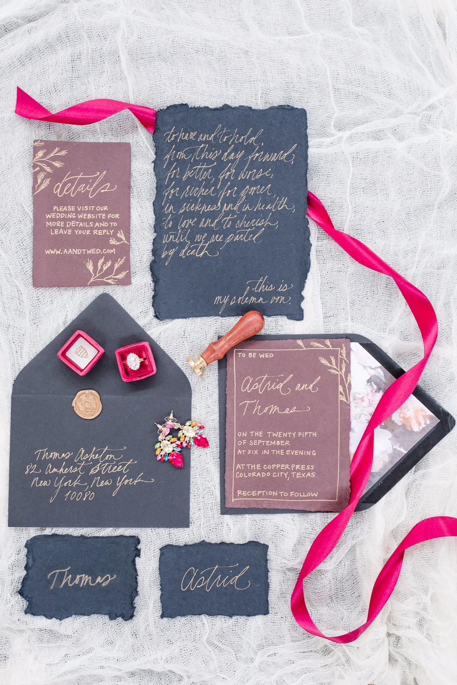 gold calligraphy jewel tone wedding stationery