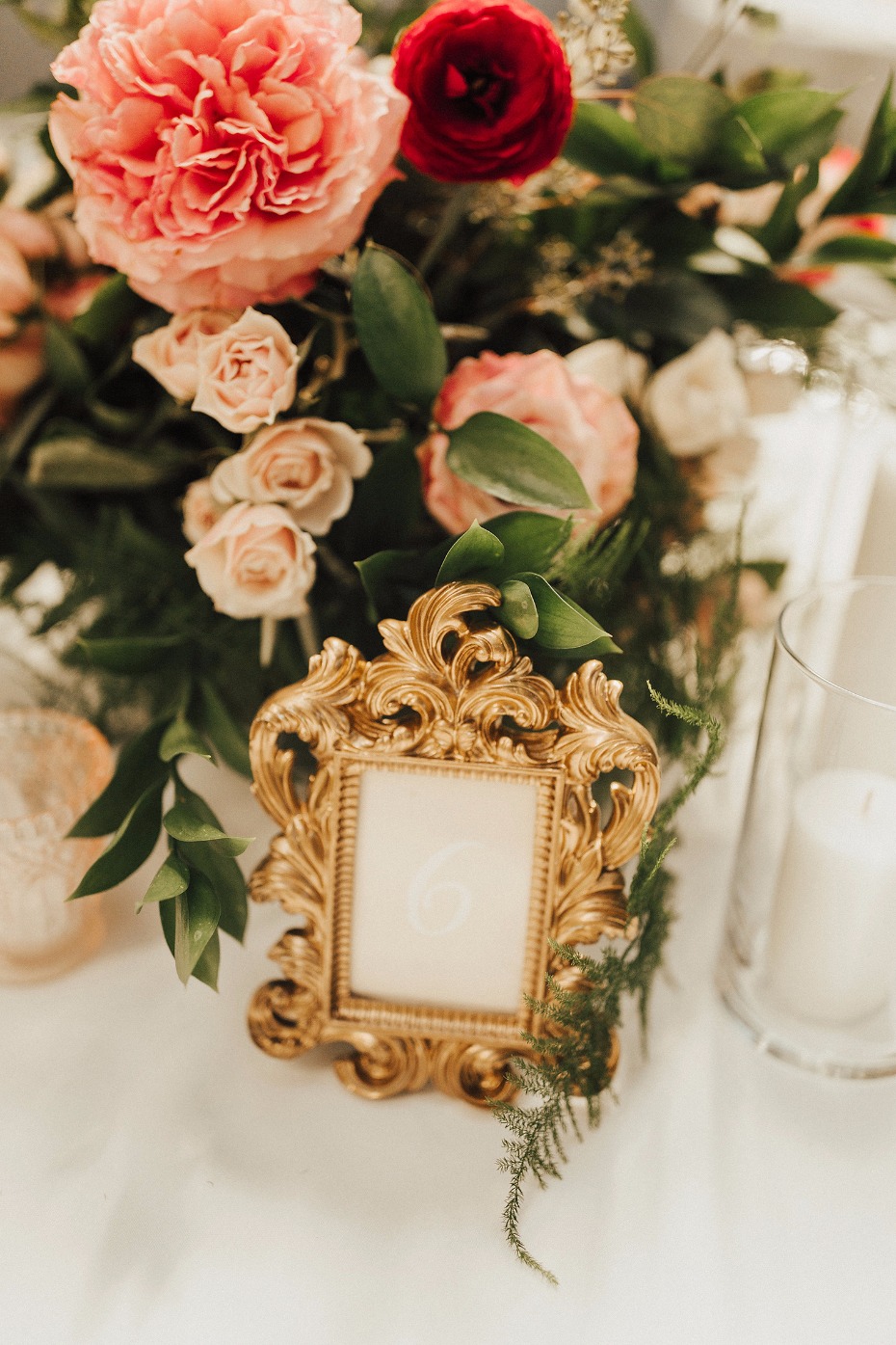 gold glam framed wedding table numbers