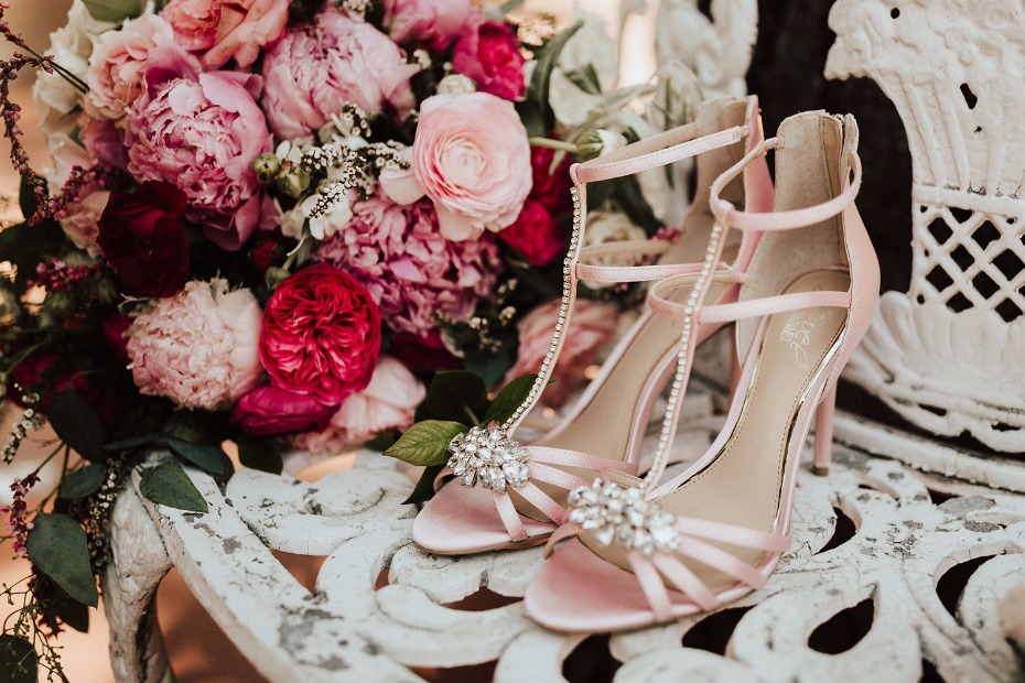 pink strappy wedding shoes