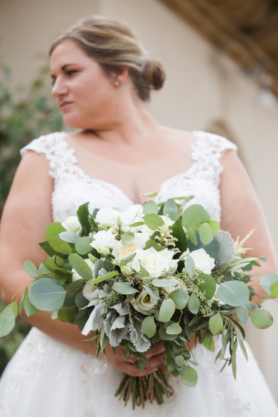 white rose and eucalyptus wedding bouquet