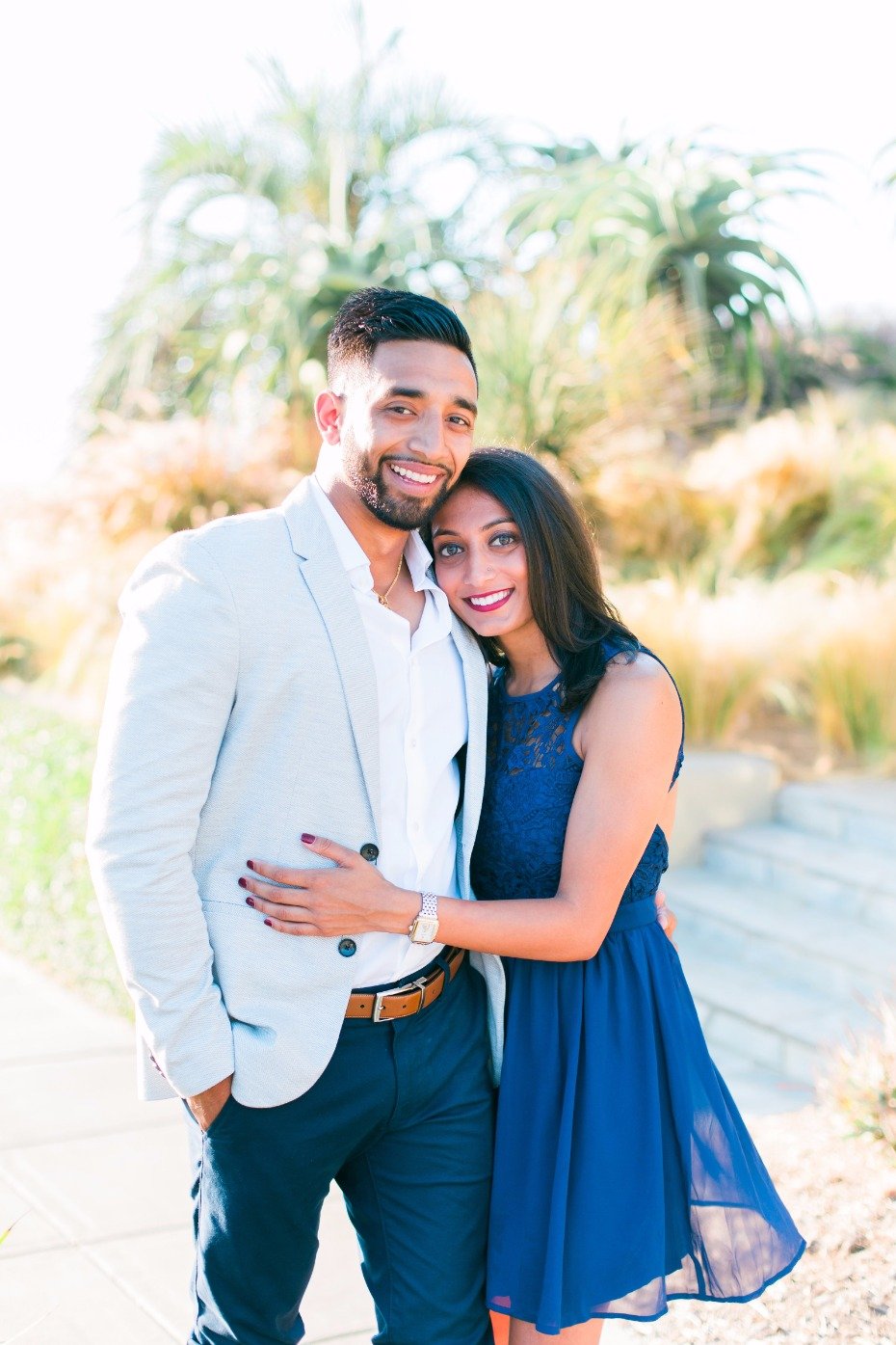 blue and grey engagement shoot outfits