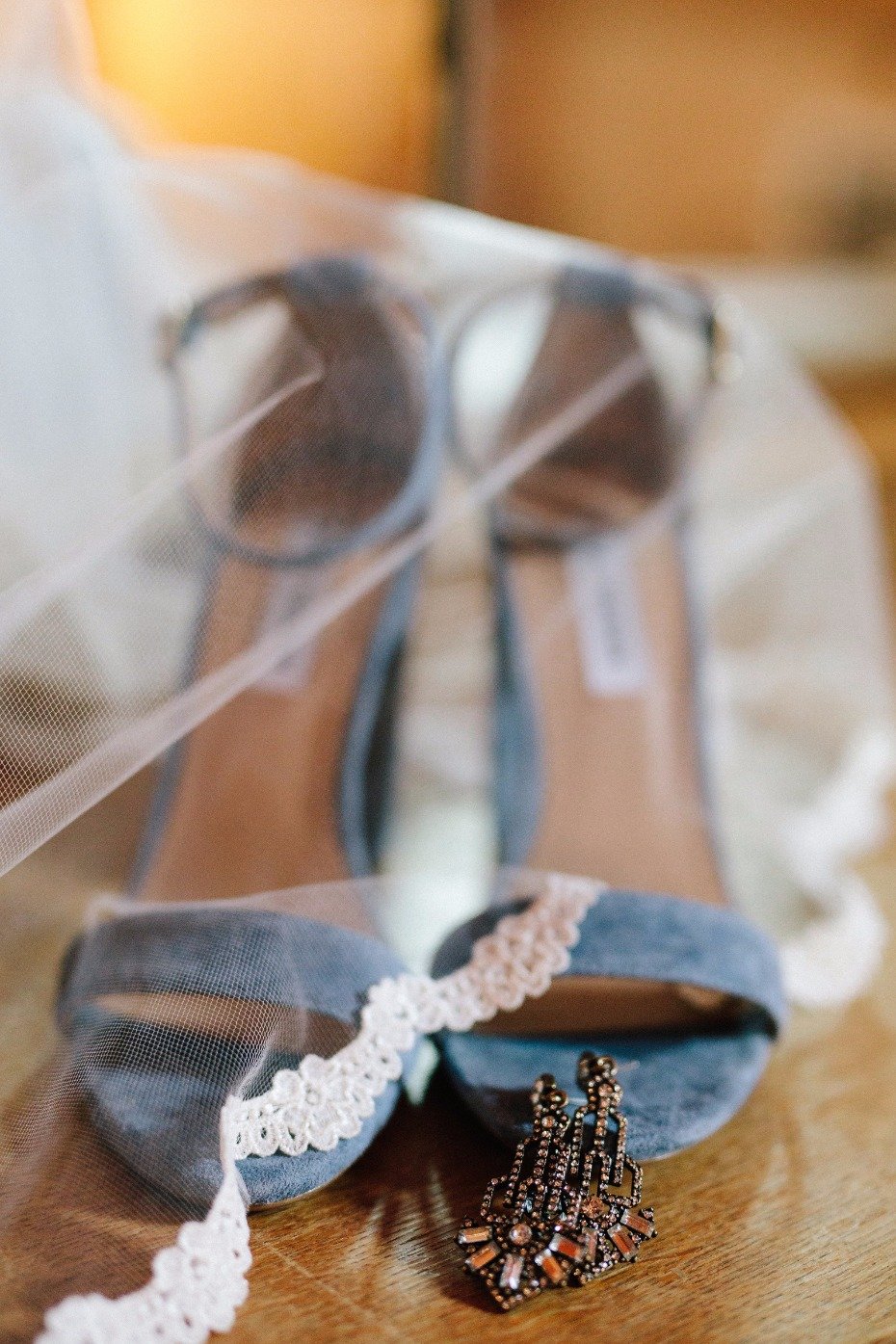 dusty blue wedding shoes and art deco wedding earrings