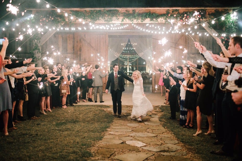 bistro lights and sparkler wedding exit