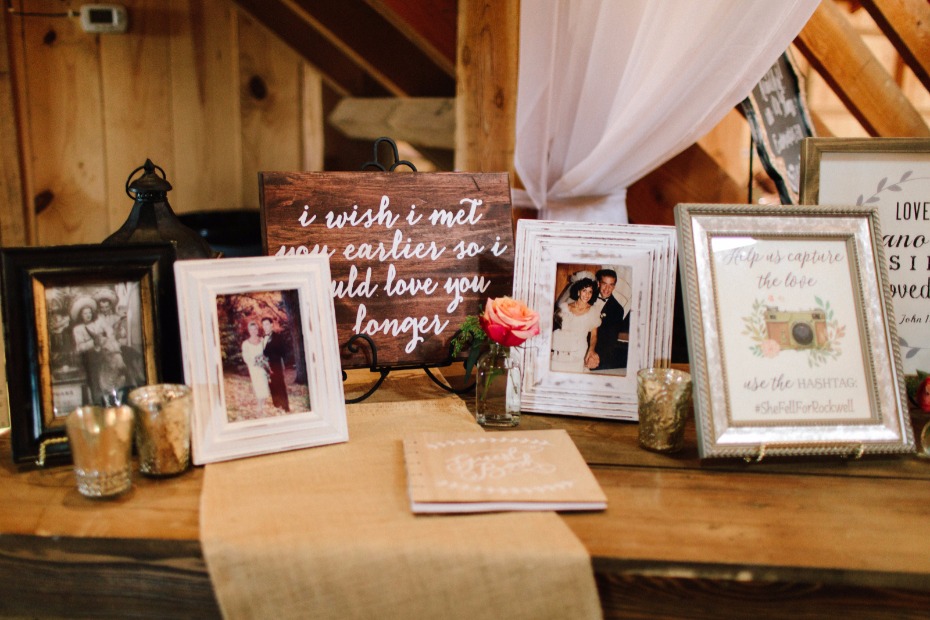 family wedding photos and guestbook table