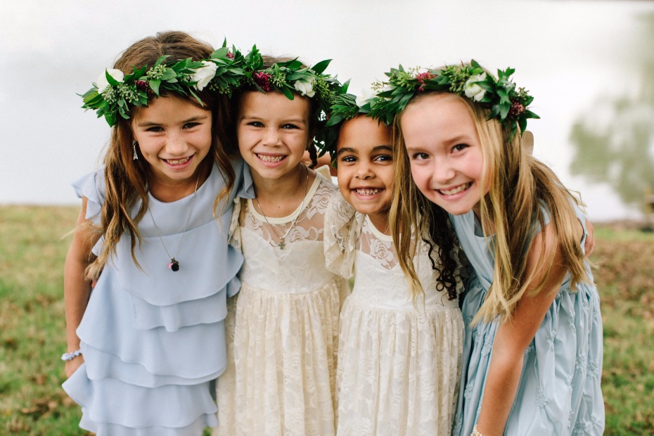 cute little flower girls and junior bridesmaids in floral halos