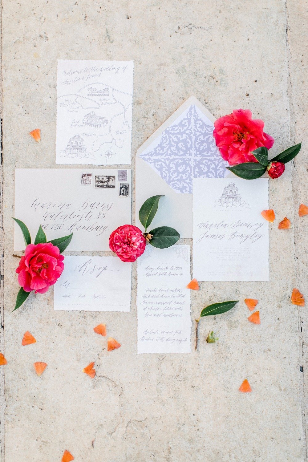 flat lay for wedding invitaitons