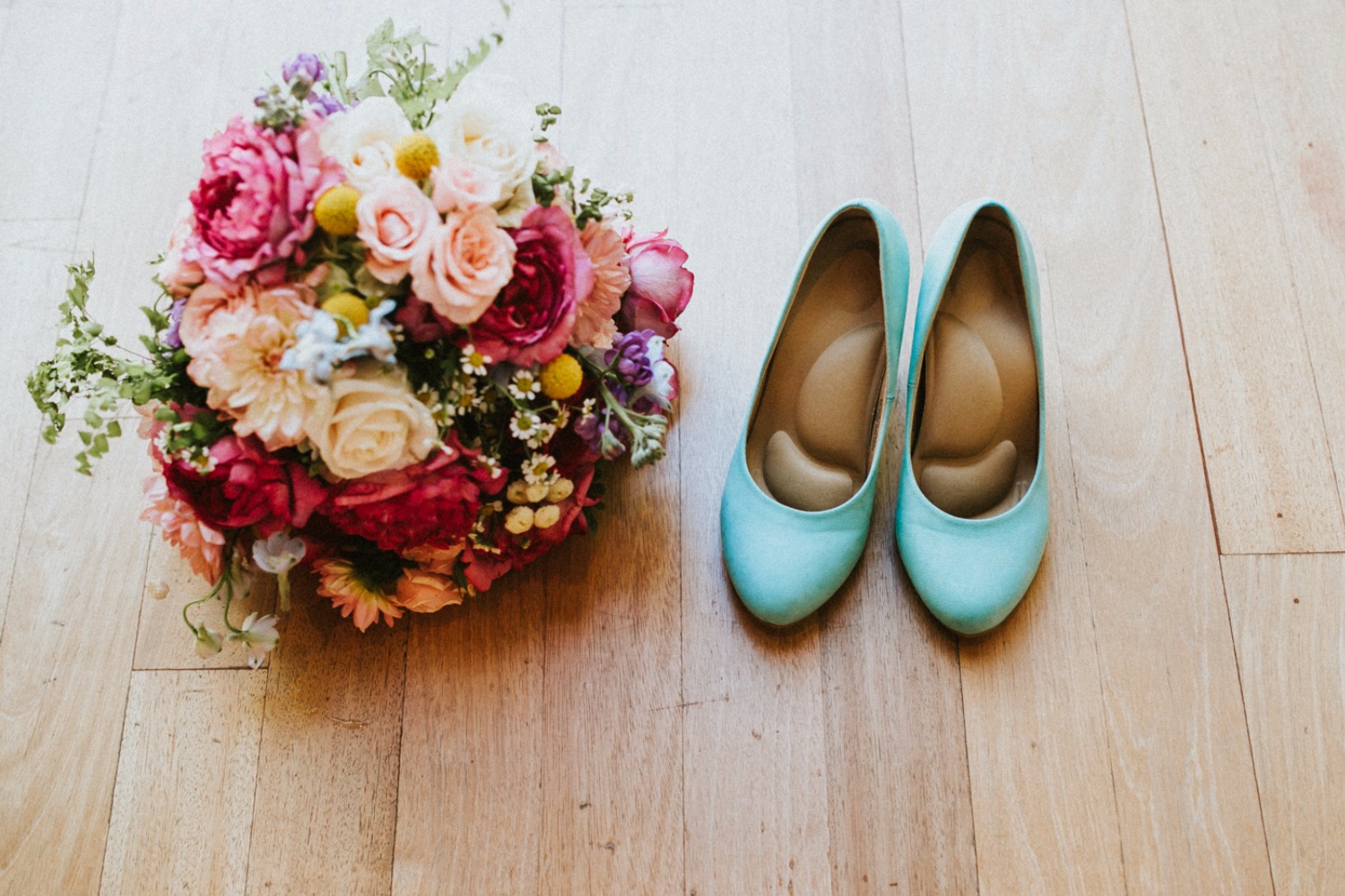 Teal wedding shoes and bouquet