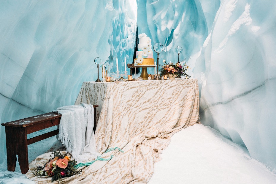 gold and white wedding cake table for your ice cave wedding
