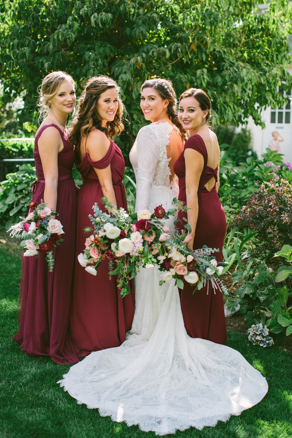 Mix and match burgundy bridesmaid dresses