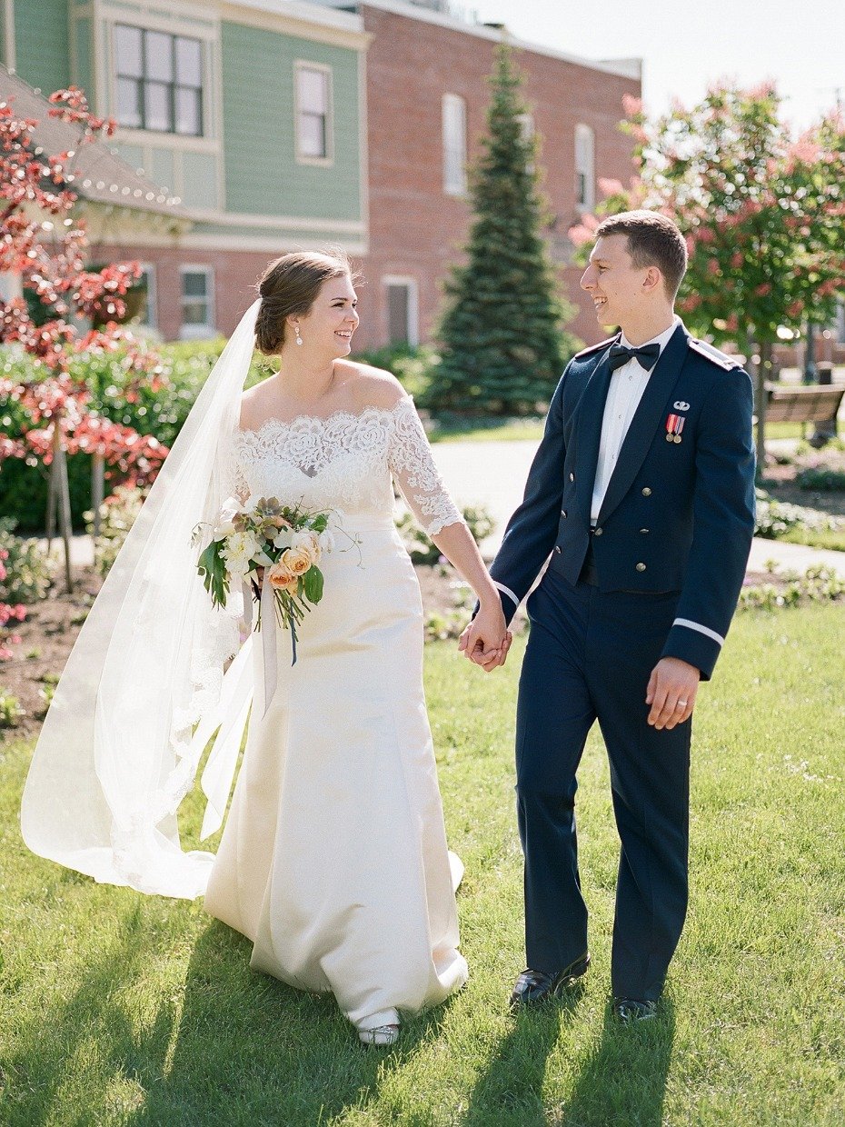 classic bridal style with a groom in his dress blues