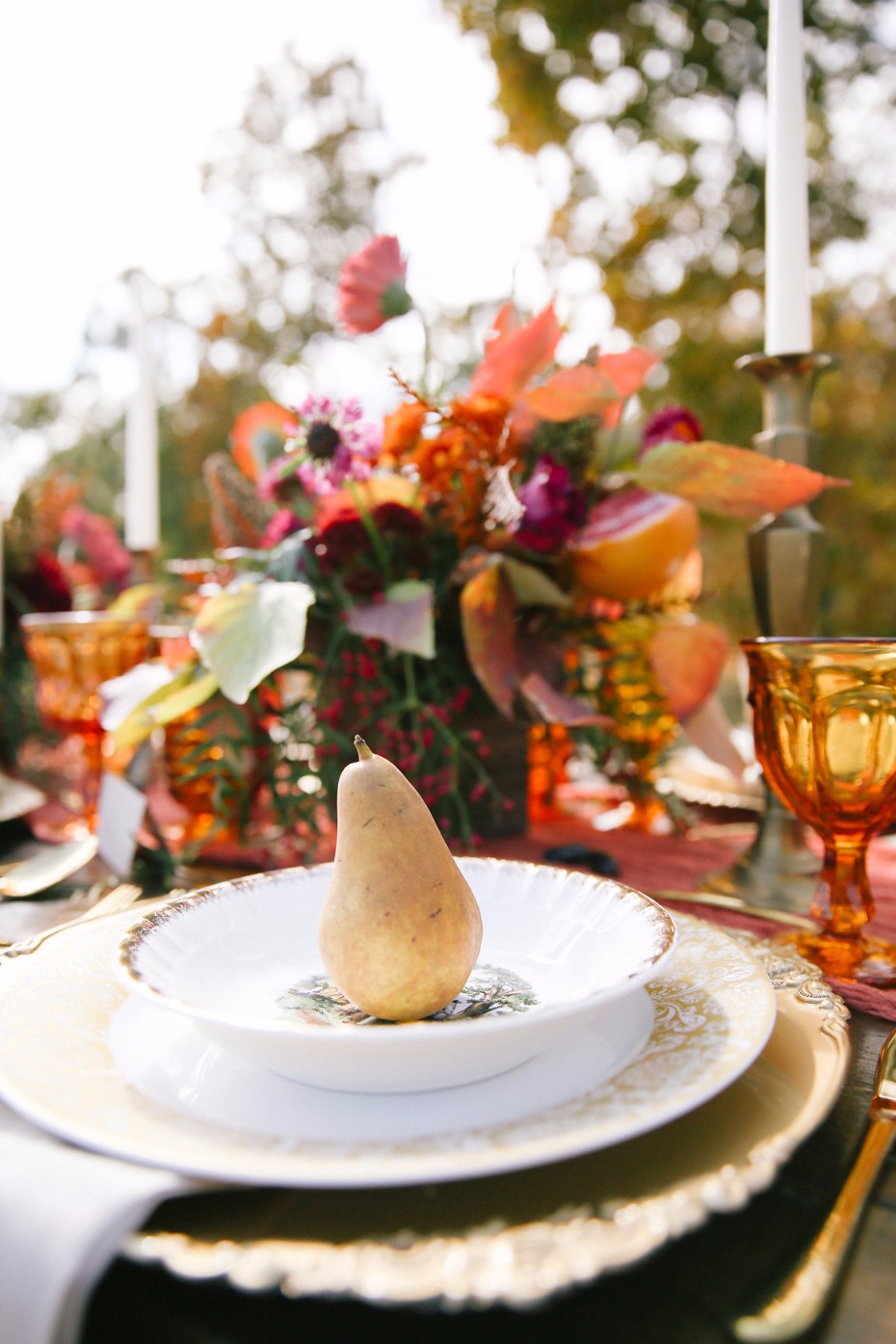 gold and white china with Fall table decor